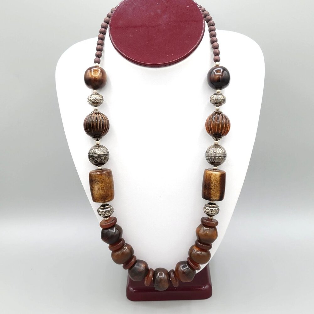 Coldwater Creek Spirit Boho Chunky Necklace Natural Materials Silver Tone 20"